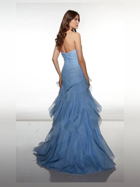 Light Blue high-low prom dress, back view showing the rear of the dress