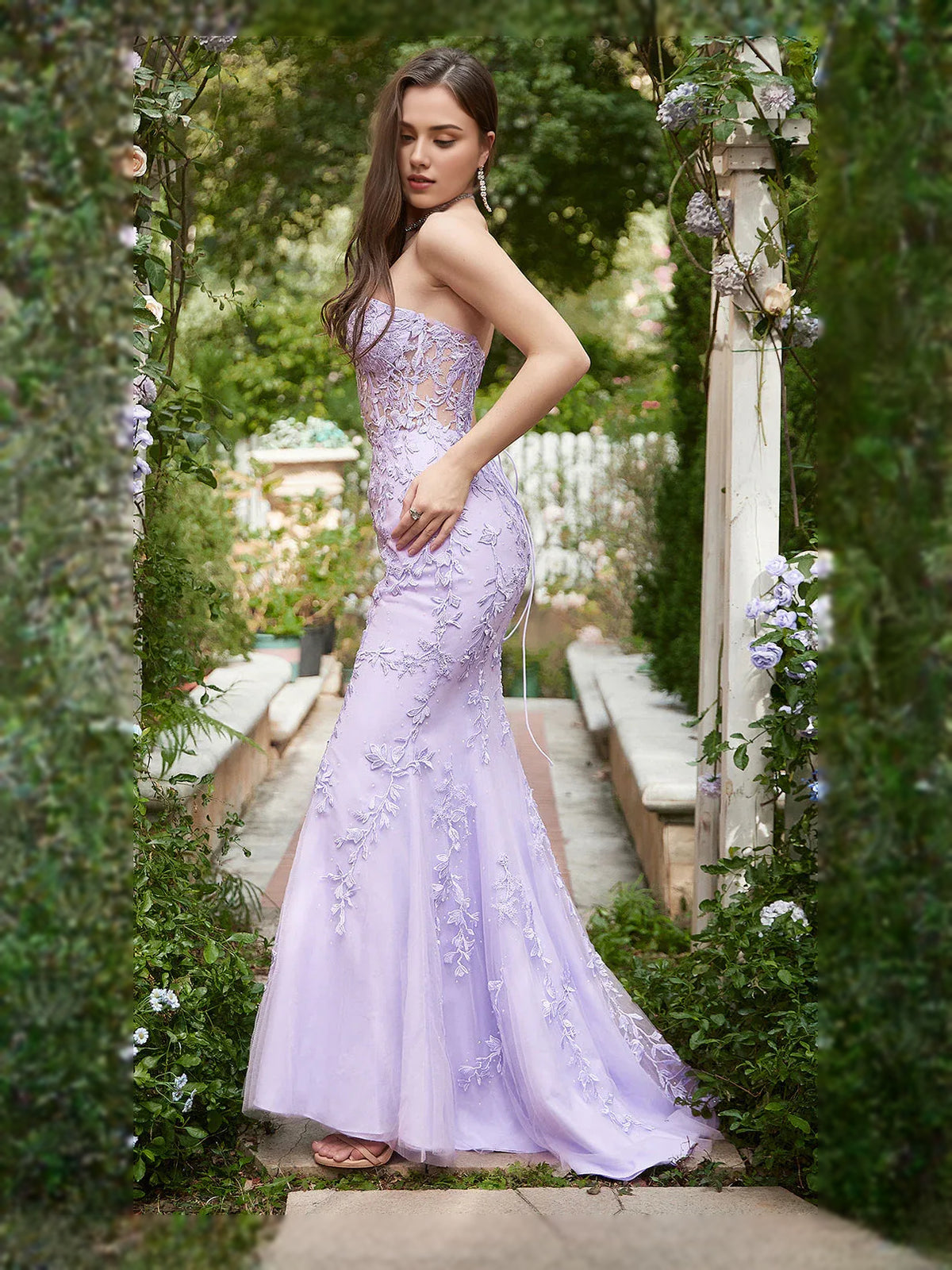Lilac floor-length prom dress, back view showing the rear of the dress