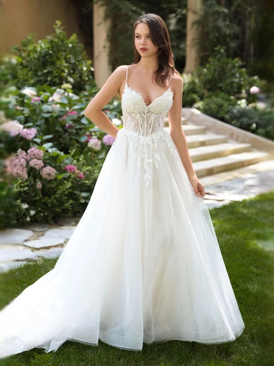 Ivory floor-length wedding dress, alternate view showing the bodice and skirt