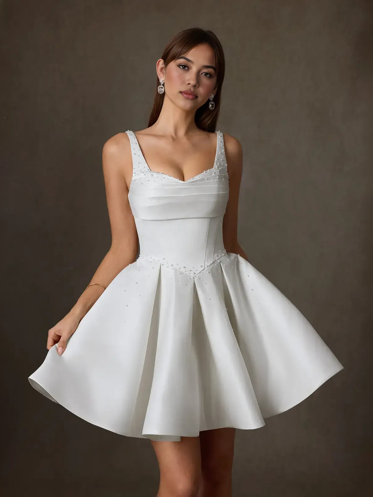 White mini wedding dress, alternate view showing the bodice and skirt