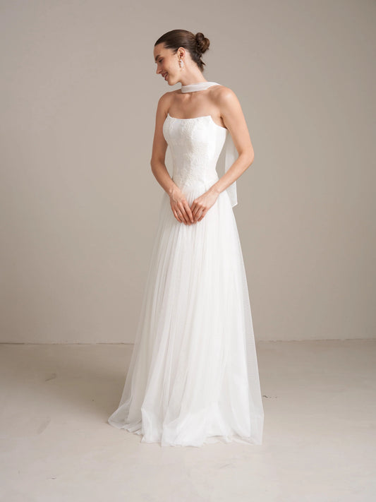 Ivory floor-length wedding dress, alternate view showing the bodice and skirt