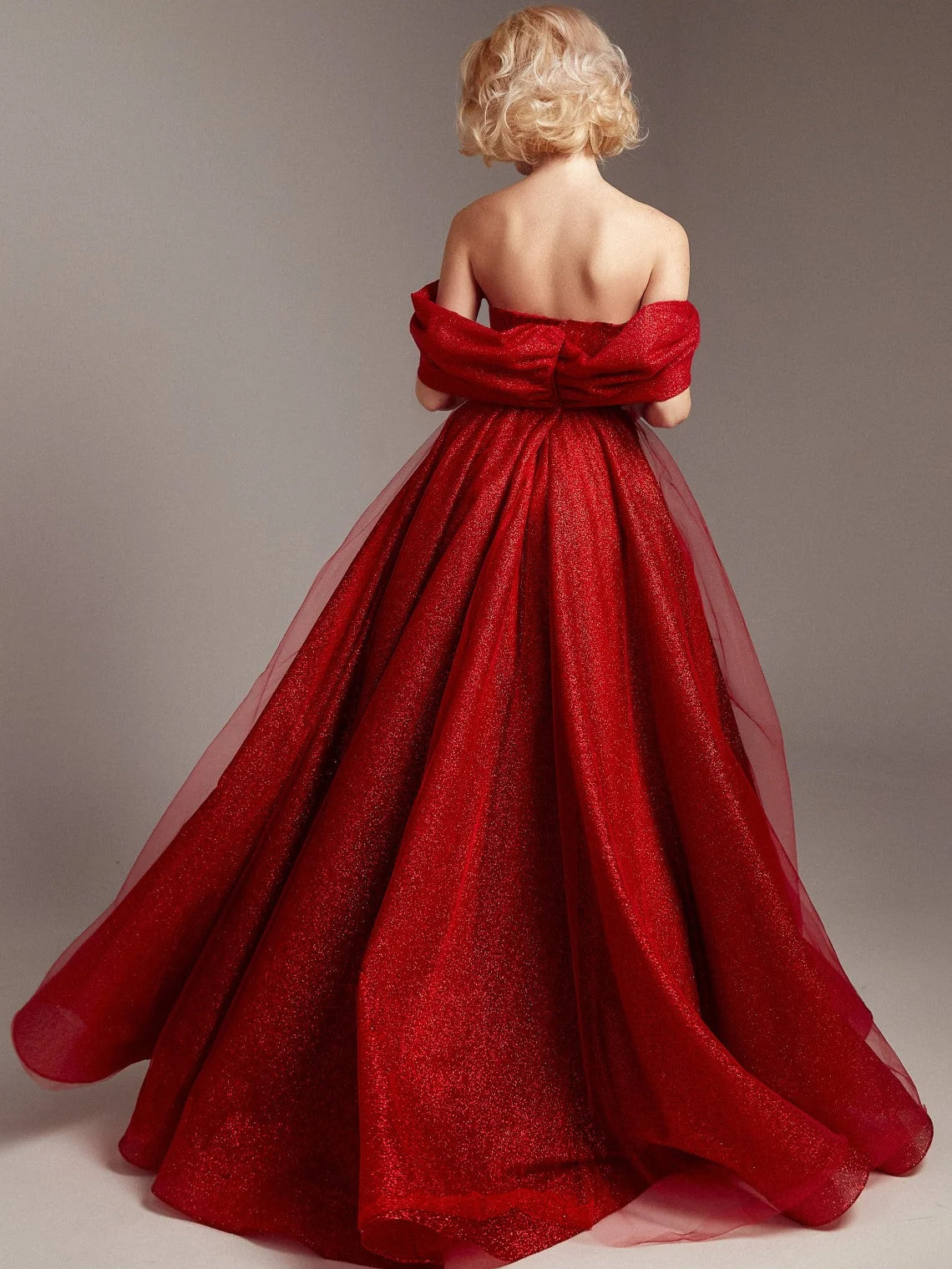 Red a-line floor-length formal dress with corset-style bodice, alternate view