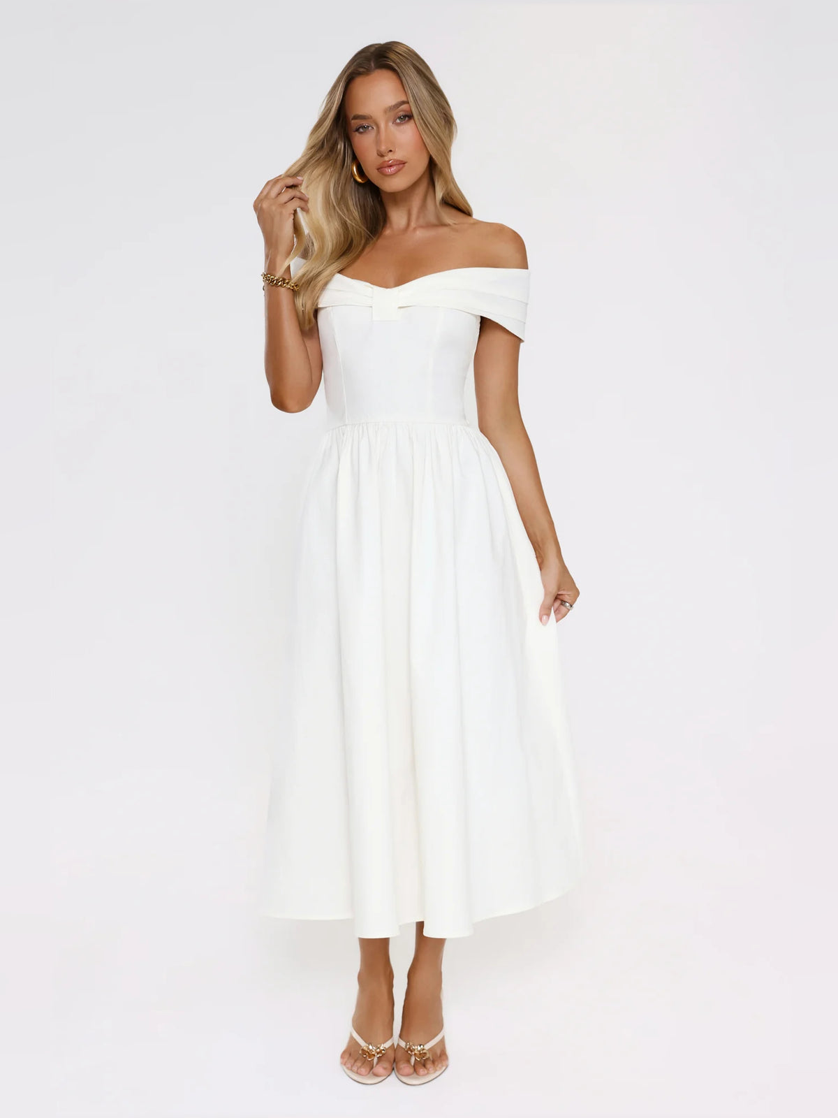 White midi formal dress with off-the-shoulder neckline, alternate view
