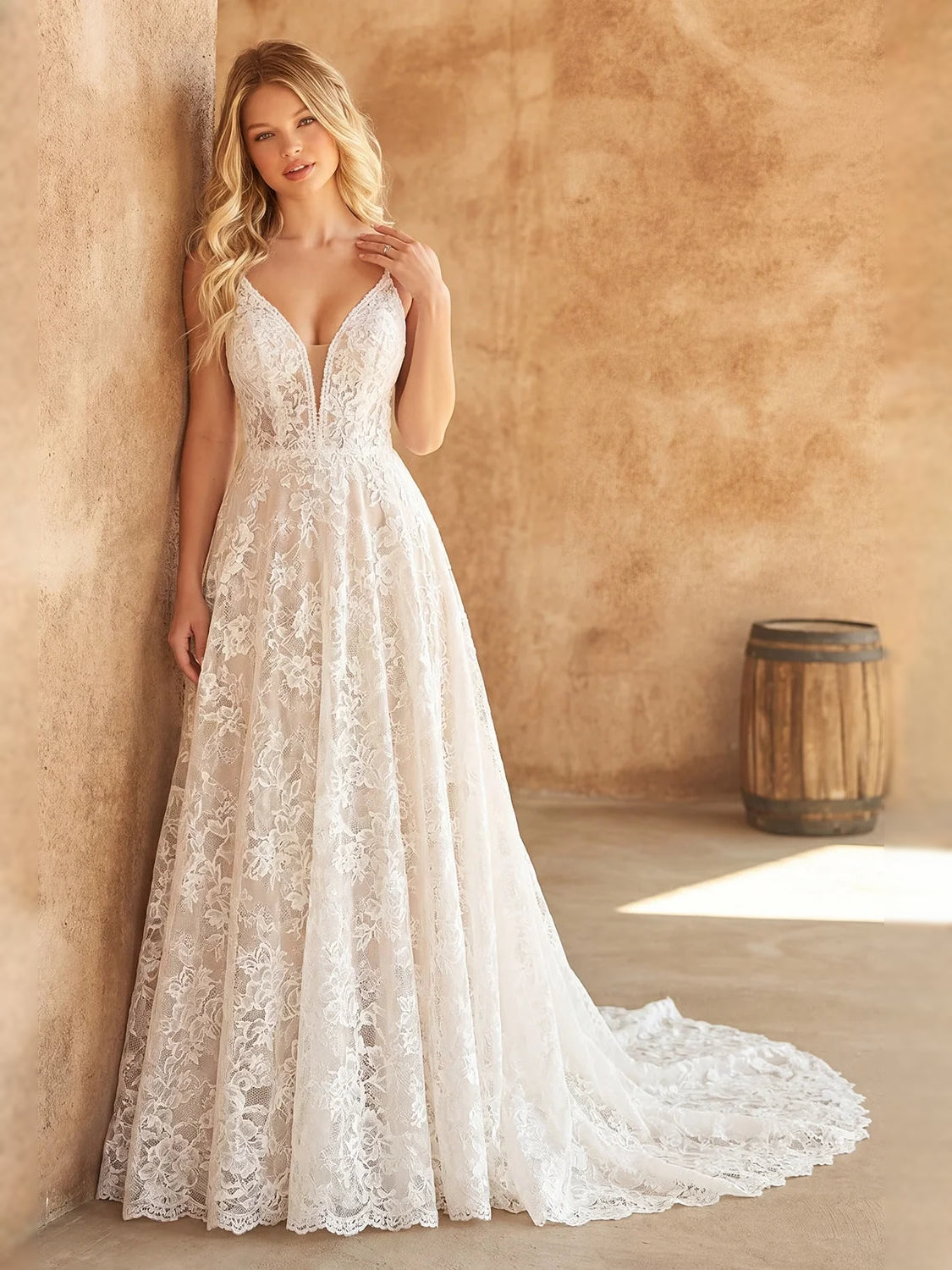 Ivory floor-length wedding dress, alternate view showing the bodice and skirt