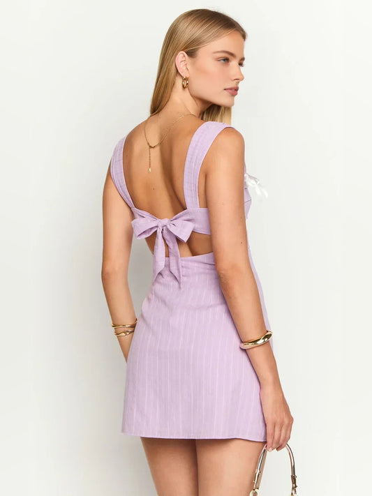 Lavender mini homecoming dress, back view showing the rear of the dress