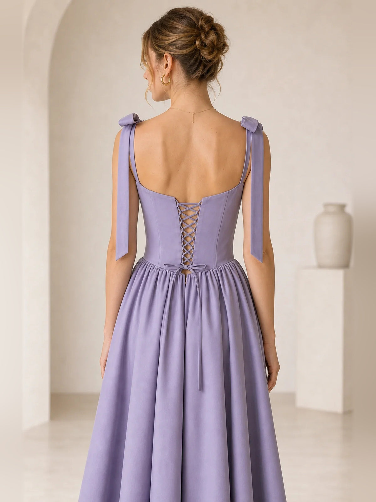 Lilac midi homecoming dress, back view showing the rear of the dress