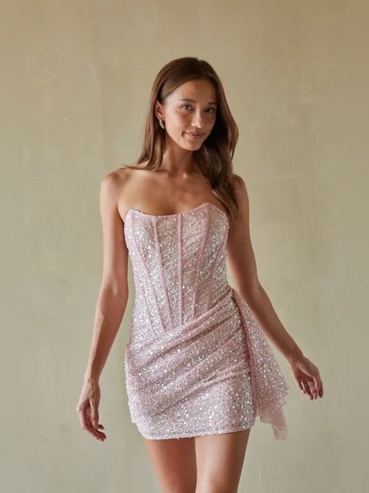 Pink mini homecoming dress, alternate view showing the bodice and skirt