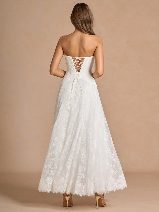 White column floor-length formal dress with corset-style bodice, alternate view