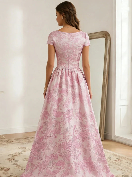 Pink maxi prom dress, back view showing the rear of the dress