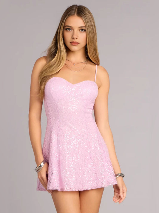 Pink mini homecoming dress, alternate view showing the bodice and skirt