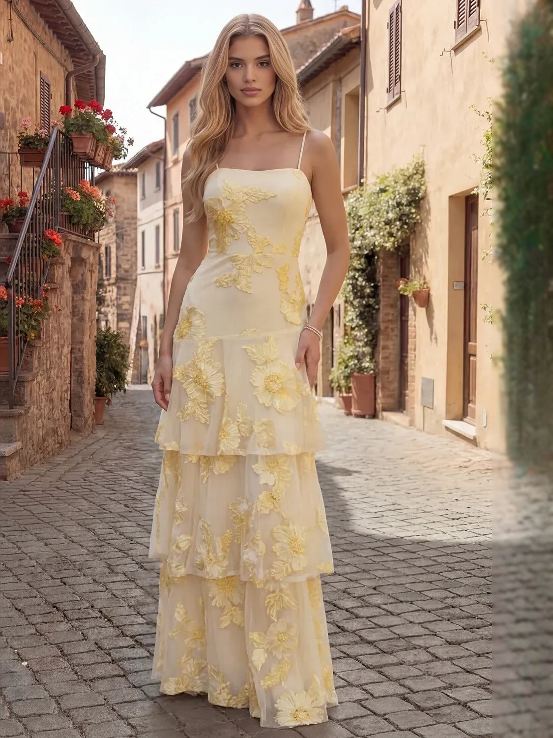 Yellow floor-length prom dress, back view showing the rear of the dress