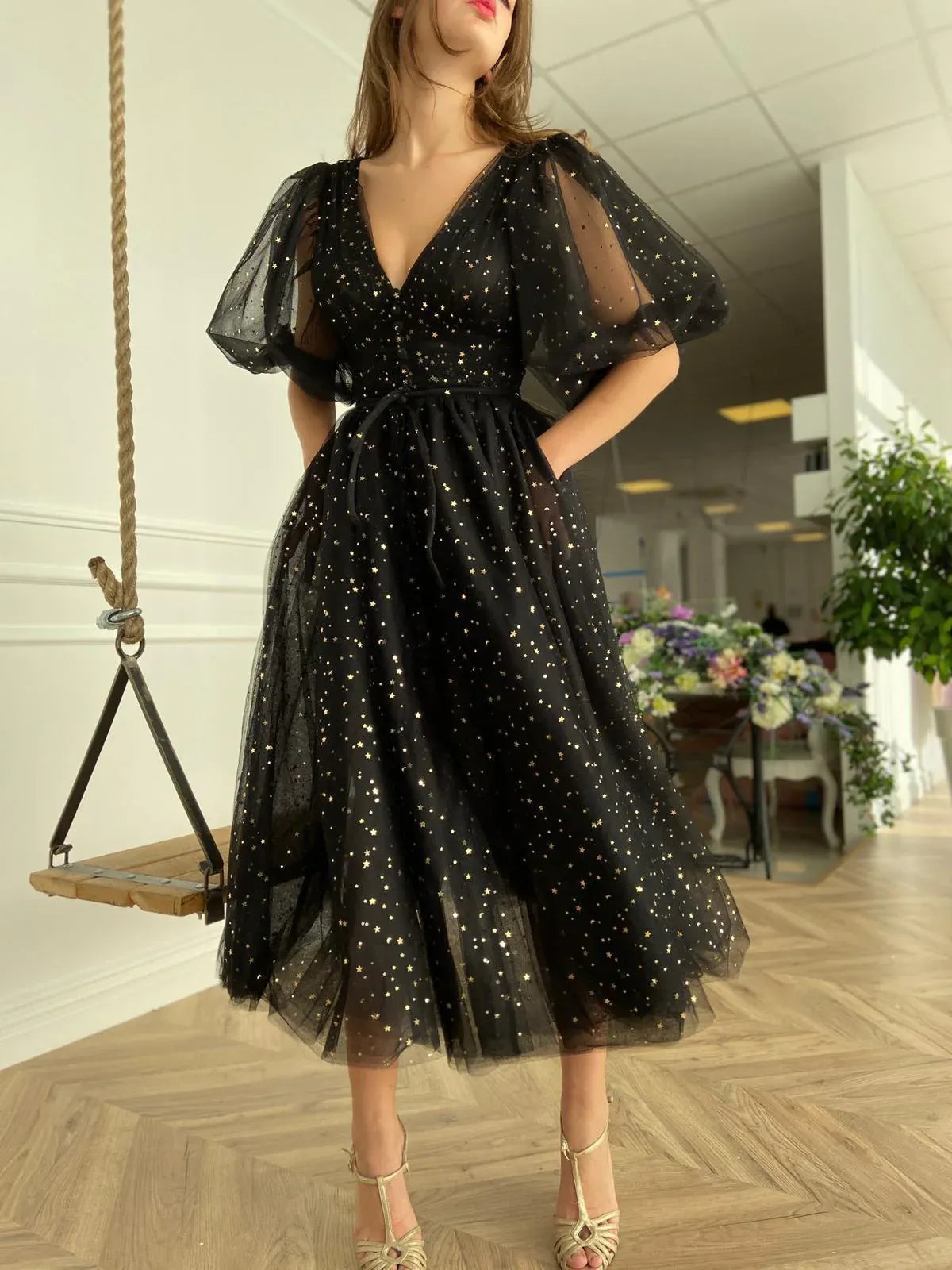 Black midi prom dress, alternate view showing the bodice and skirt