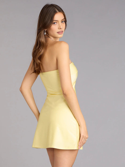 Canary mini homecoming dress, back view showing the rear of the dress
