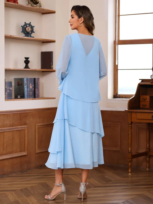 Light Blue midi mother of the bride dress, alternate view showing the bodice and skirt