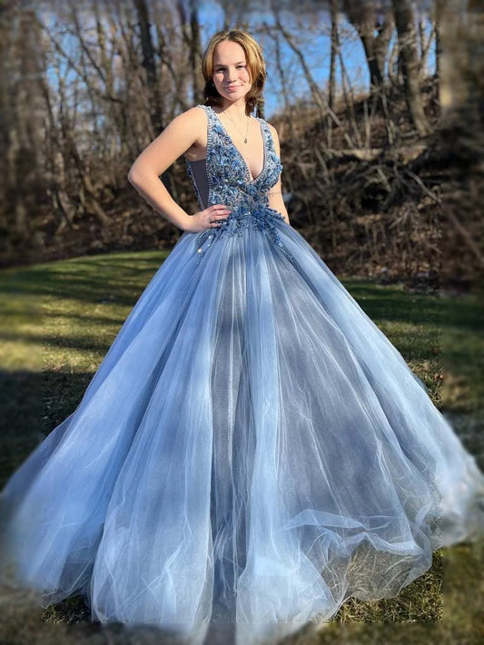 Dusty Blue maxi prom dress, alternate view showing the bodice and skirt