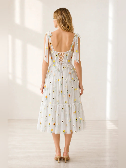 Ivory midi homecoming dress, back view showing the rear of the dress