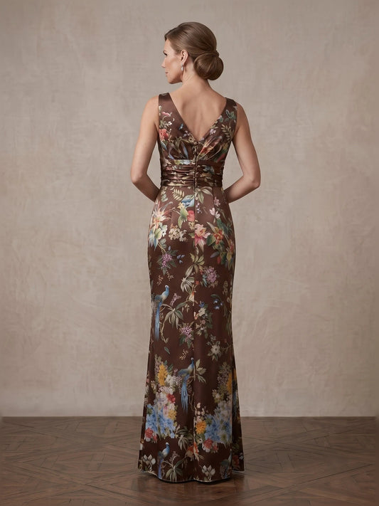 Brown floor-length mother of the bride dress, alternate view showing the bodice and skirt
