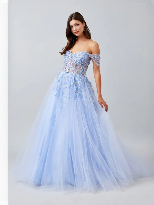 Ice Blue floor-length prom dress, alternate view showing the bodice and skirt