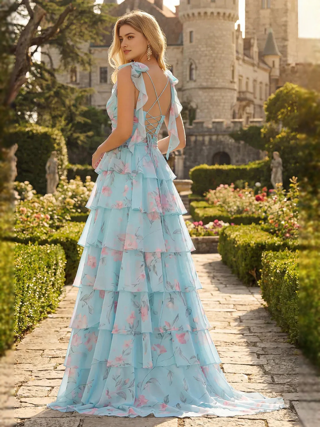 Green floor-length prom dress, back view showing the rear of the dress