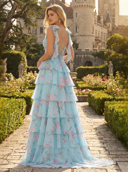 Green floor-length prom dress, back view showing the rear of the dress
