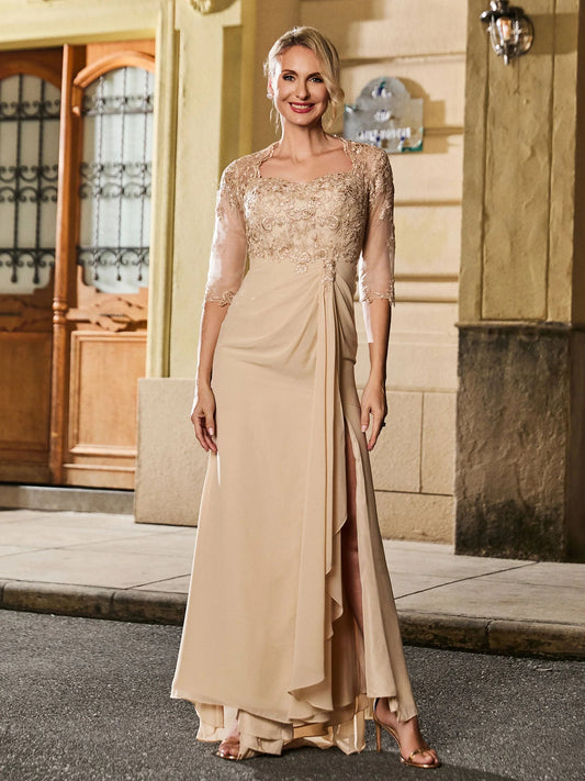 Champagne floor-length mother of the bride dress, alternate view showing the bodice and skirt