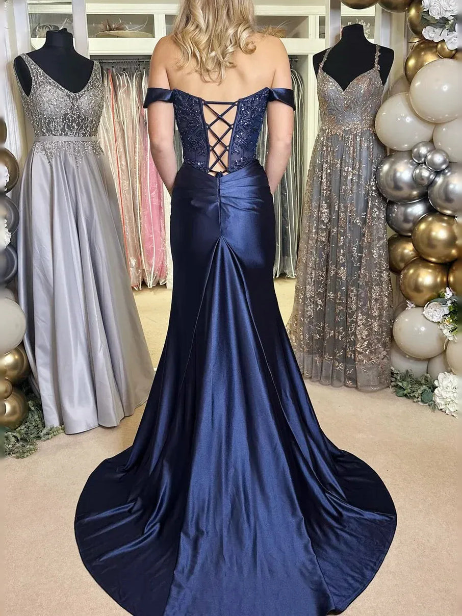 Navy Blue maxi prom dress, alternate view showing the bodice and skirt