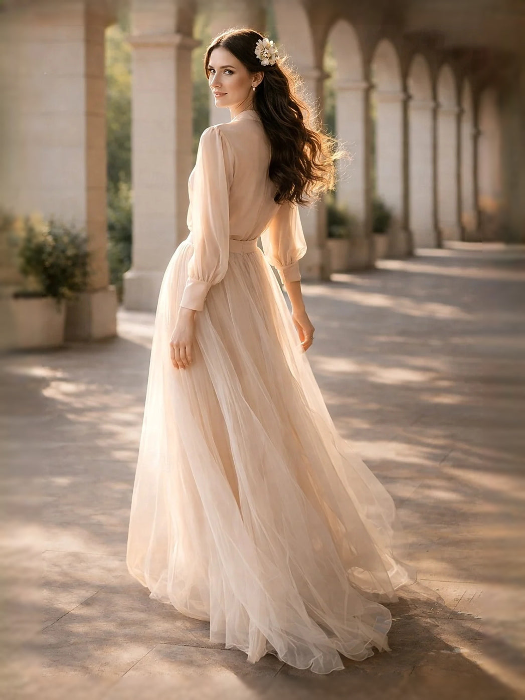 Champagne maxi prom dress, alternate view showing the bodice and skirt