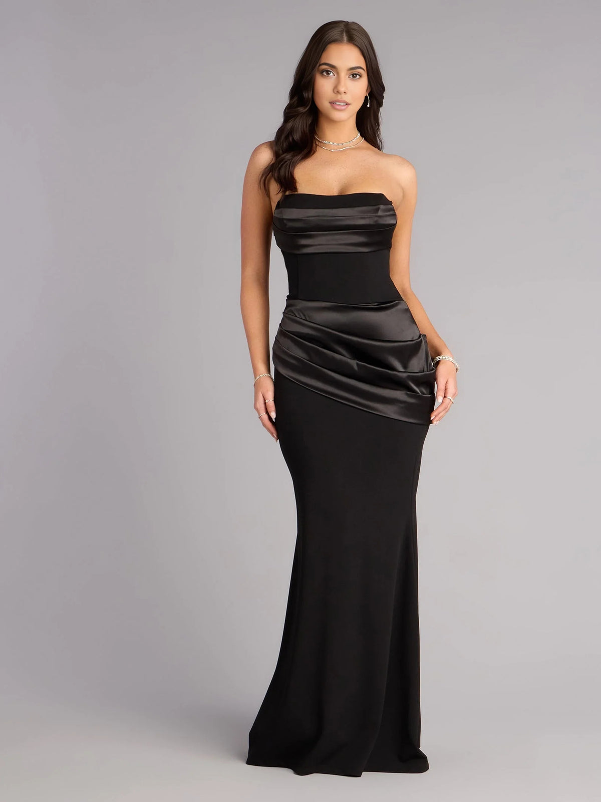 Black floor-length prom dress, alternate view showing the bodice and skirt