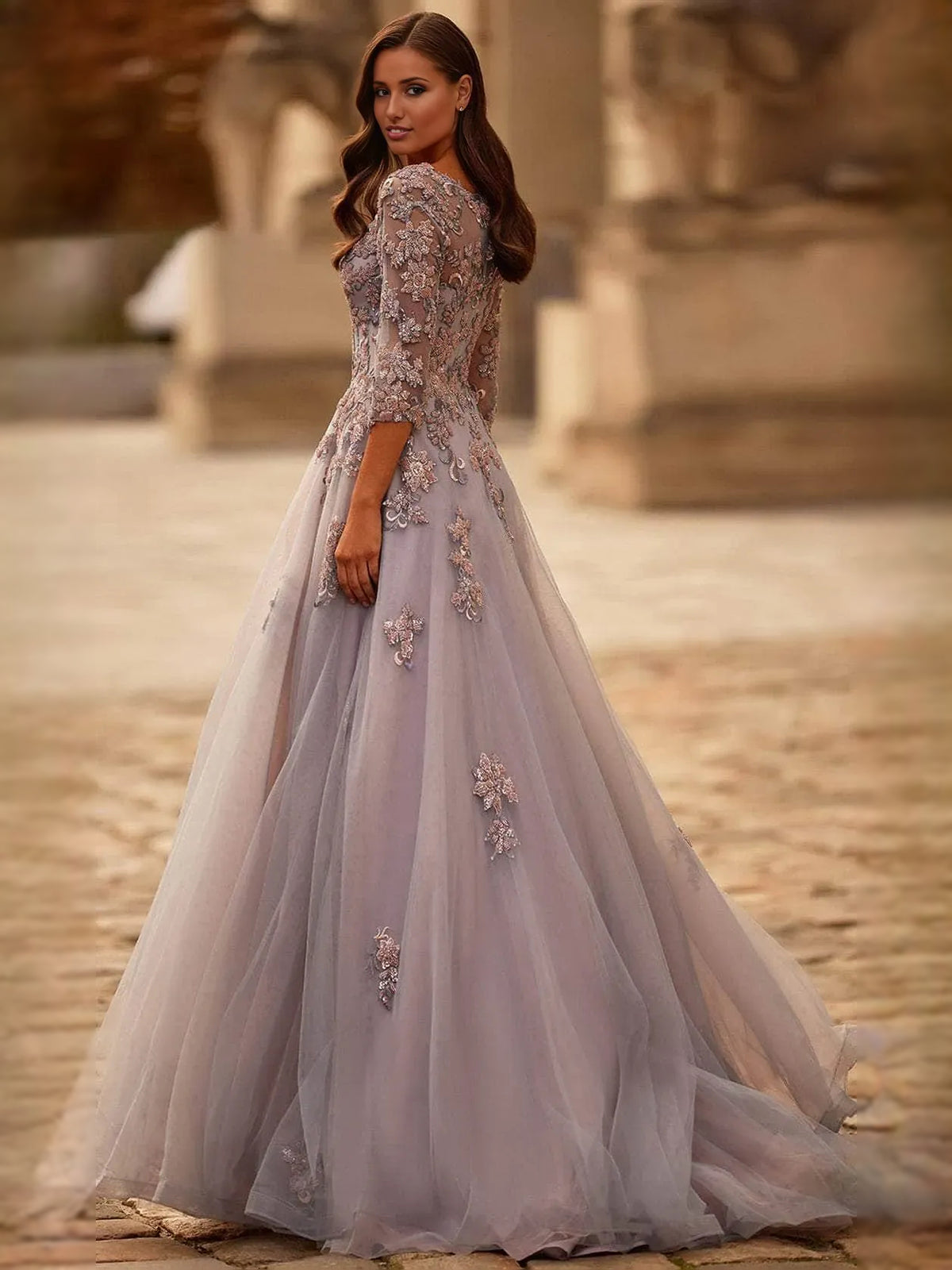 Dusk a-line floor-length formal dress with floral appliqué, alternate view