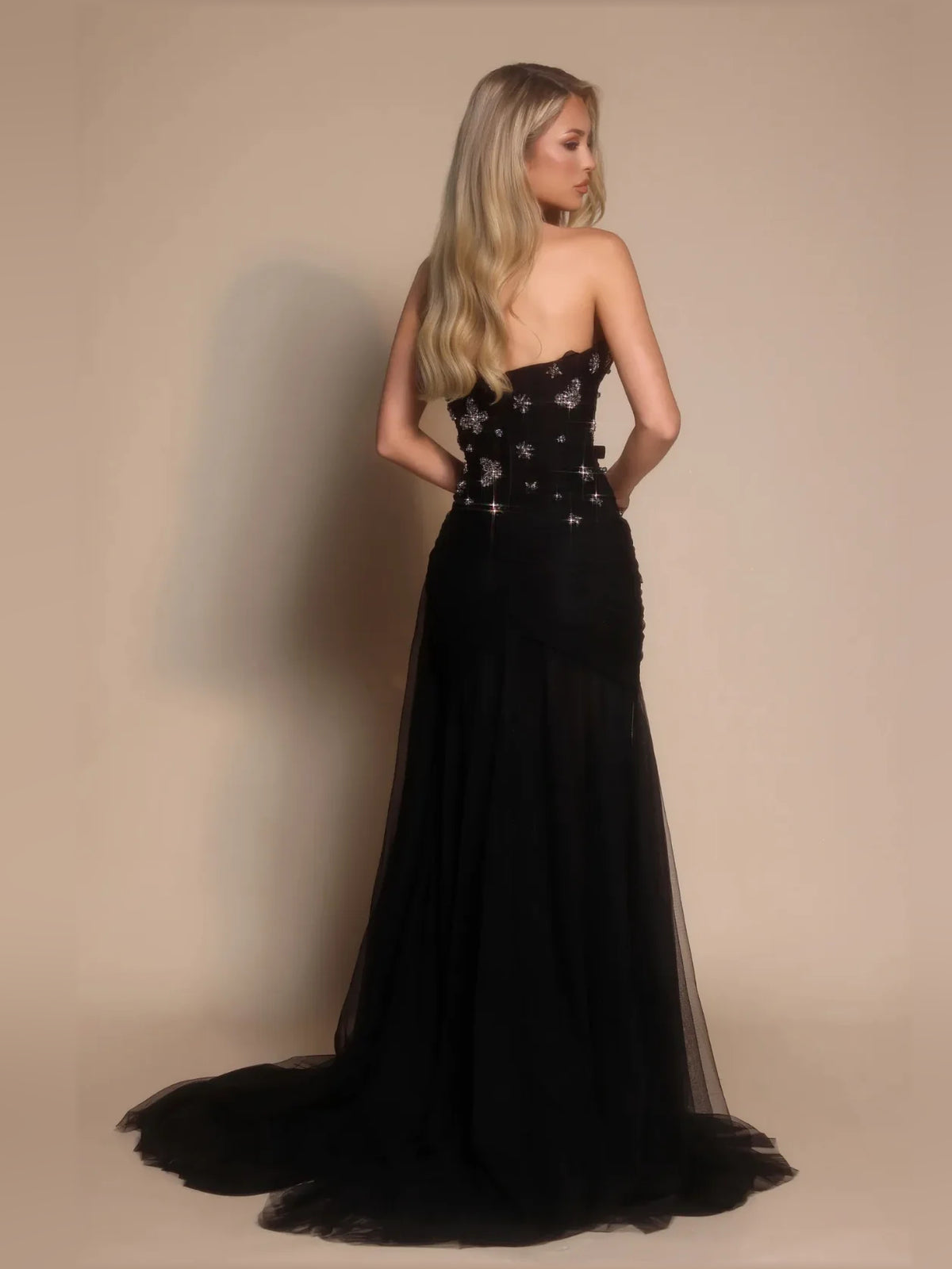 Black a-line floor-length formal dress with floral appliqué, alternate view
