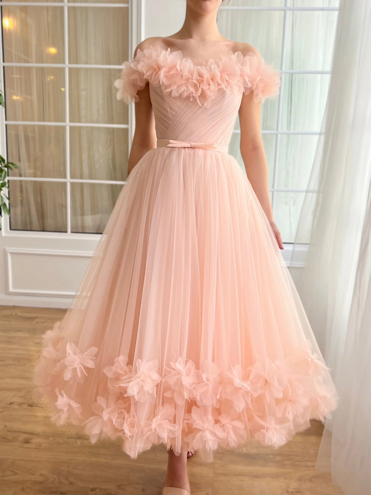 Peach midi prom dress, alternate view showing the bodice and skirt