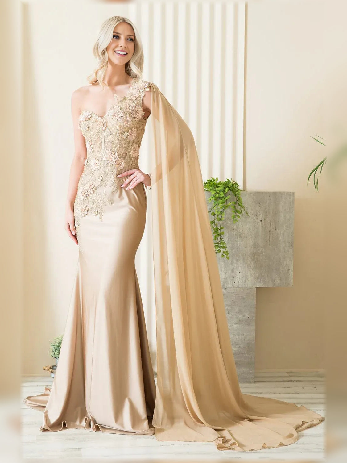 Champagne mermaid floor-length formal dress with floral print, alternate view