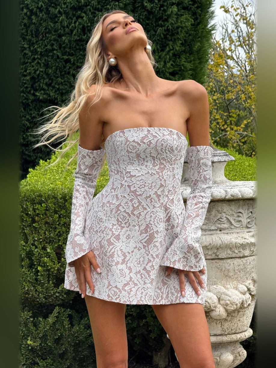 Ivory mini homecoming dress, alternate view showing the bodice and skirt