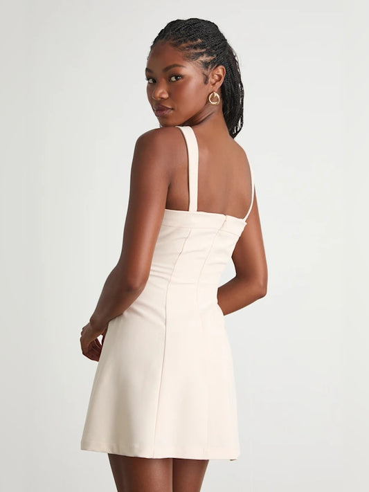 Cream mini homecoming dress, alternate view showing the bodice and skirt