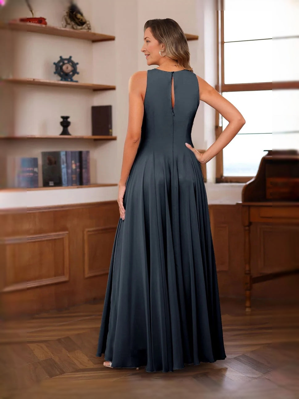 Grey floor-length mother of the bride dress, alternate view showing the bodice and skirt