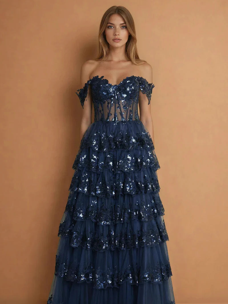 Dark Navy maxi prom dress, alternate view showing the bodice and skirt
