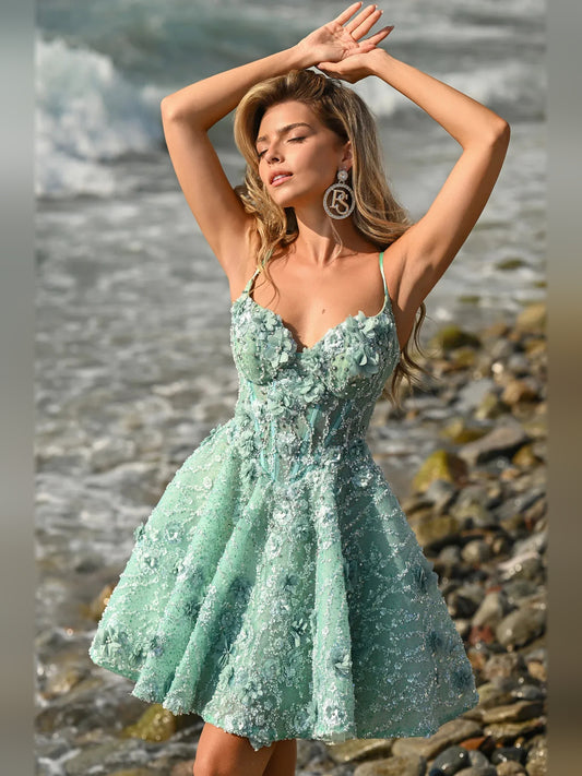 Mint Green mini homecoming dress, back view showing the rear of the dress