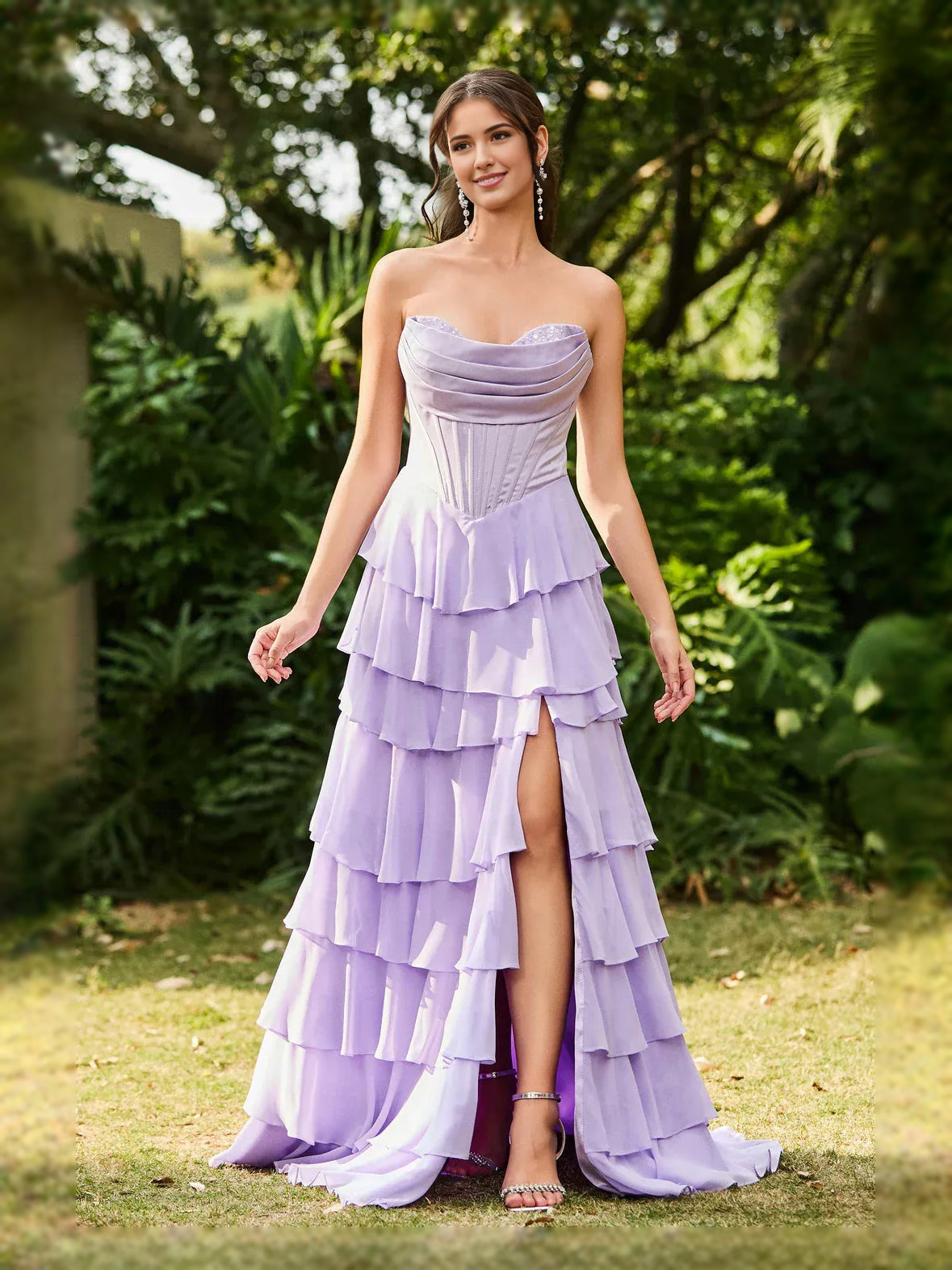 Lilac maxi prom dress, alternate view showing the bodice and skirt