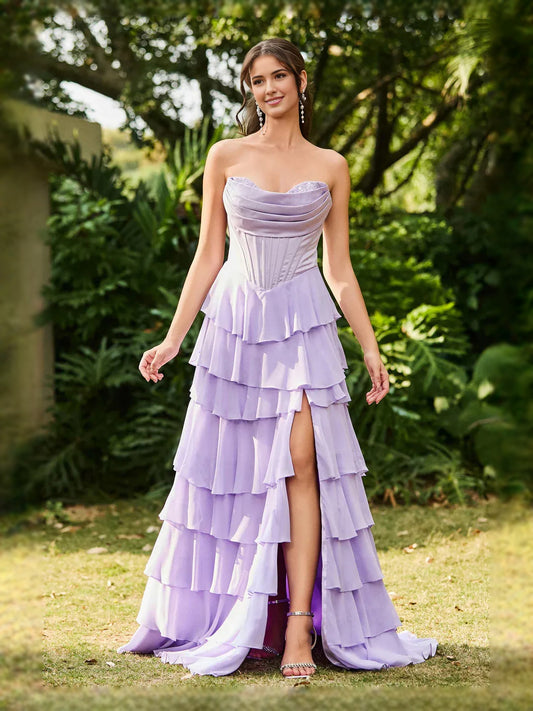 Lilac maxi prom dress, alternate view showing the bodice and skirt