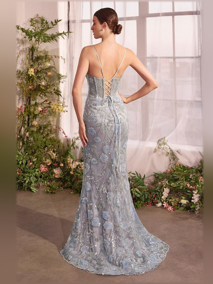 Blue mermaid floor-length formal dress with embroidery, alternate view