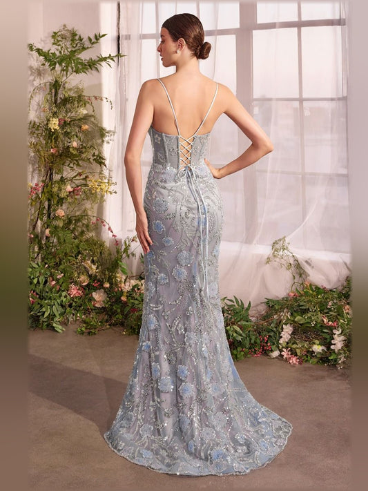 Blue mermaid floor-length formal dress with embroidery, alternate view