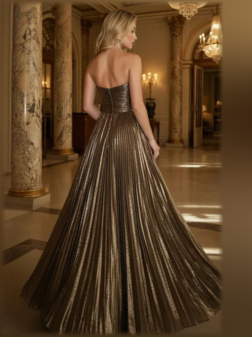 Espresso a-line floor-length formal dress with ruching, alternate view