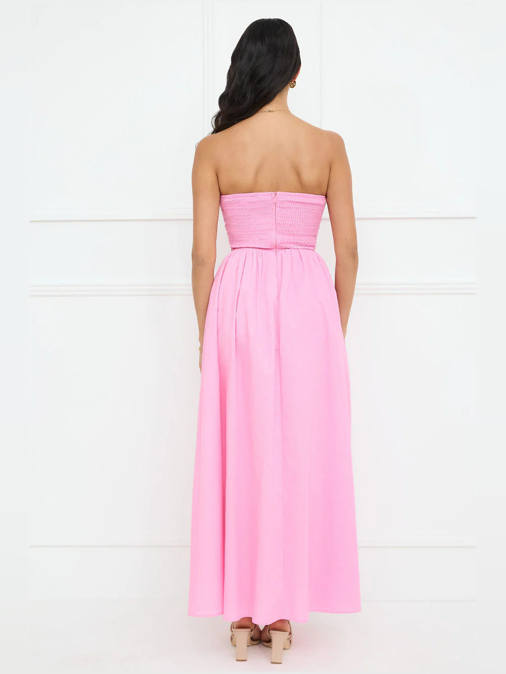 Pink a-line maxi formal dress with a-line, full-length back view