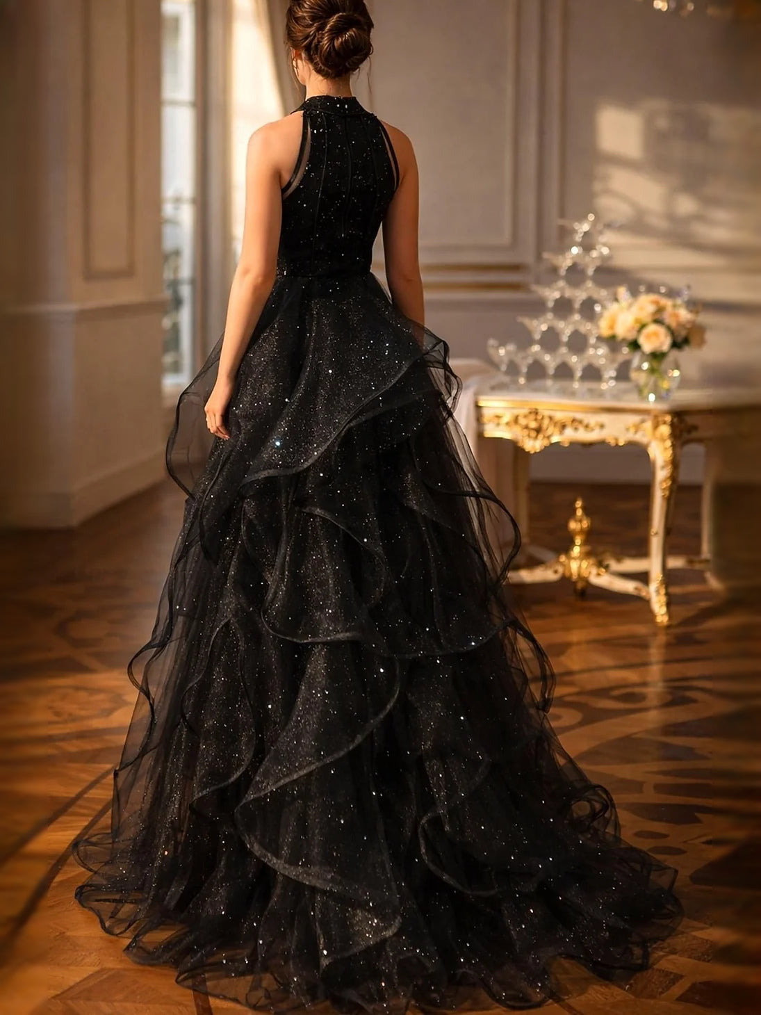 Black floor-length prom dress, alternate view showing the bodice and skirt