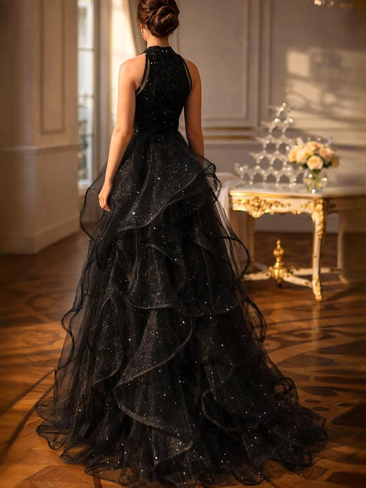 Black floor-length prom dress, alternate view showing the bodice and skirt