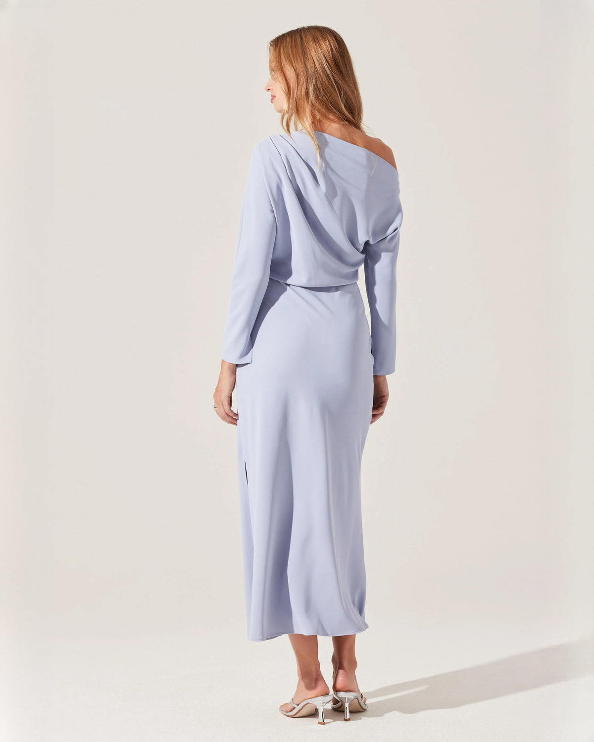 off-shoulder structured satin a-line midi bridesmaid dress - image 2