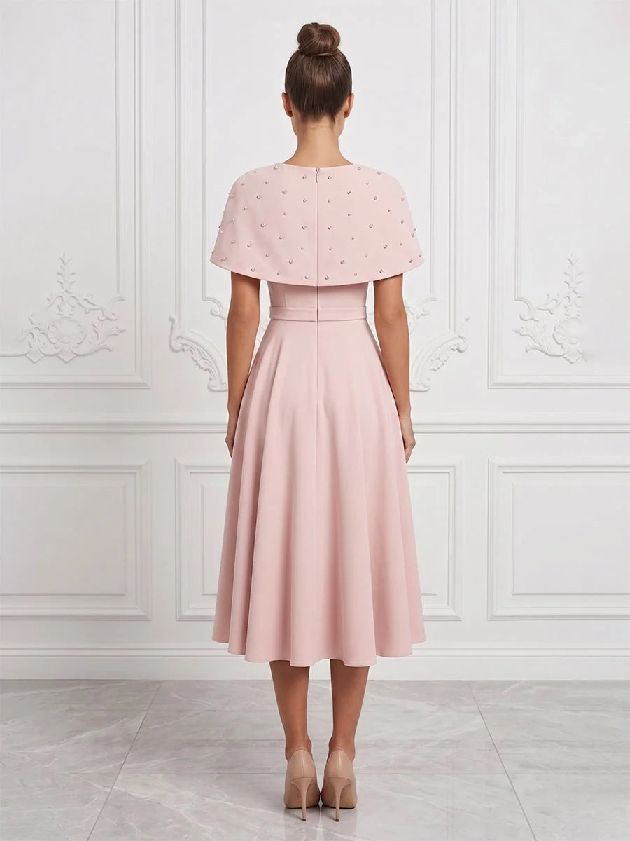 Blush Pink midi mother of the bride dress, alternate view showing the bodice and skirt