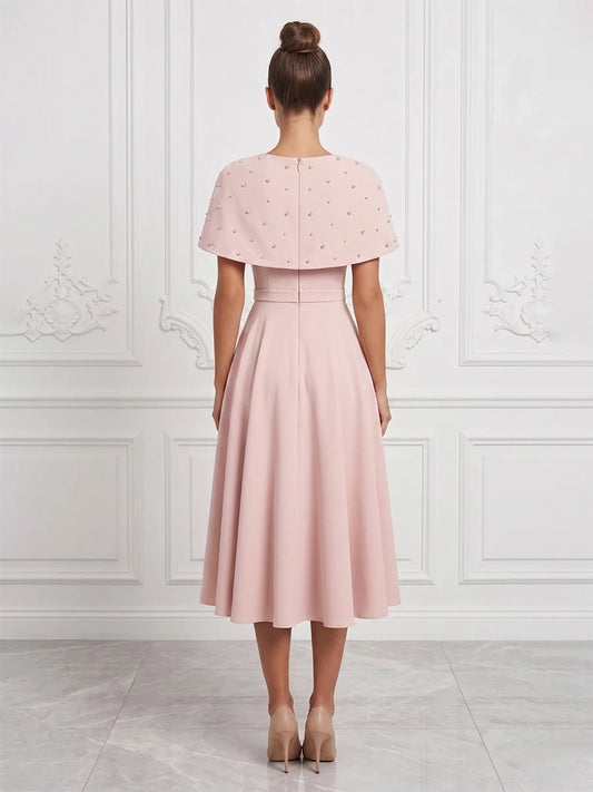 Blush Pink midi mother of the bride dress, alternate view showing the bodice and skirt