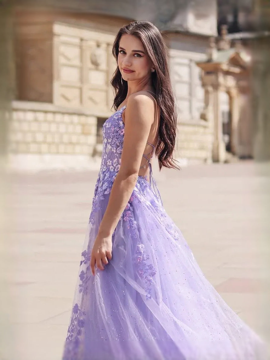 Lavender maxi prom dress, alternate view showing the bodice and skirt