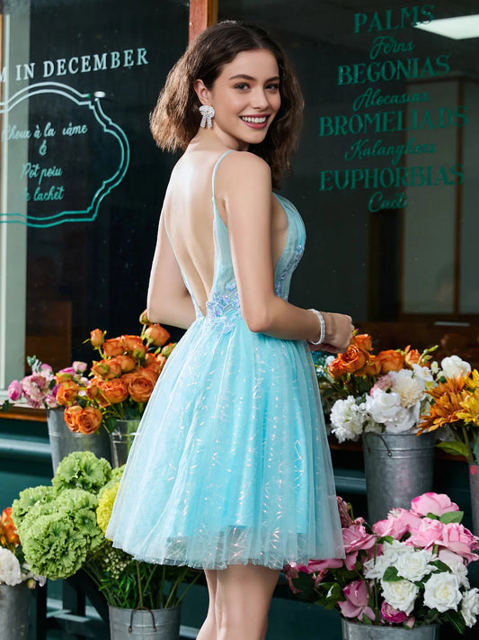 Caribbean mini homecoming dress, back view showing the rear of the dress